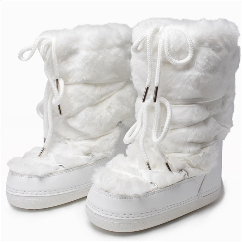 2024 Winter Boots Mid-calf Rabbit Fur Snow Boots Women Fluffy Furry Fur Cotton Boots Lace-up Waterproof Cotton Boots241226