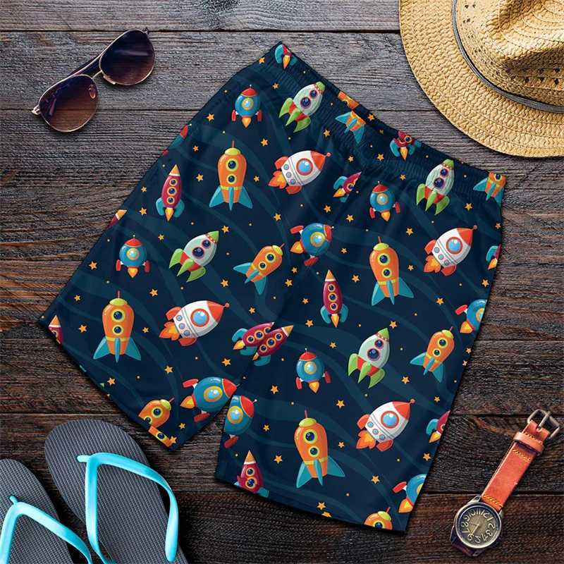 Mens Oversized Beach Shorts Cartoon Rocket Harajuku Cool Swimming GYM Trunks Quick Drying Lace-up Short Pants Daily Ice ShortsXJ241226