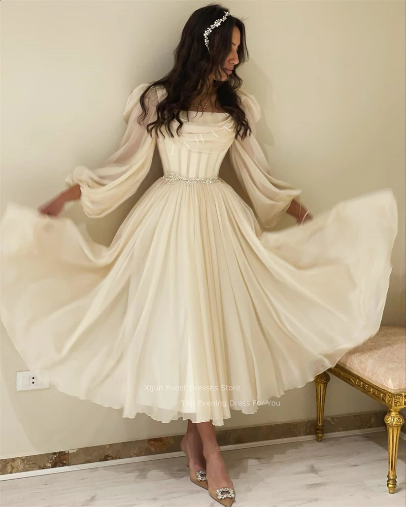 Xijun Chiffon Long Sleeves Prom Dresses Pleats Crystal Beaded Prom Gowns Formal Party Elegant Gowns Dubai Evening Dress Women 241223