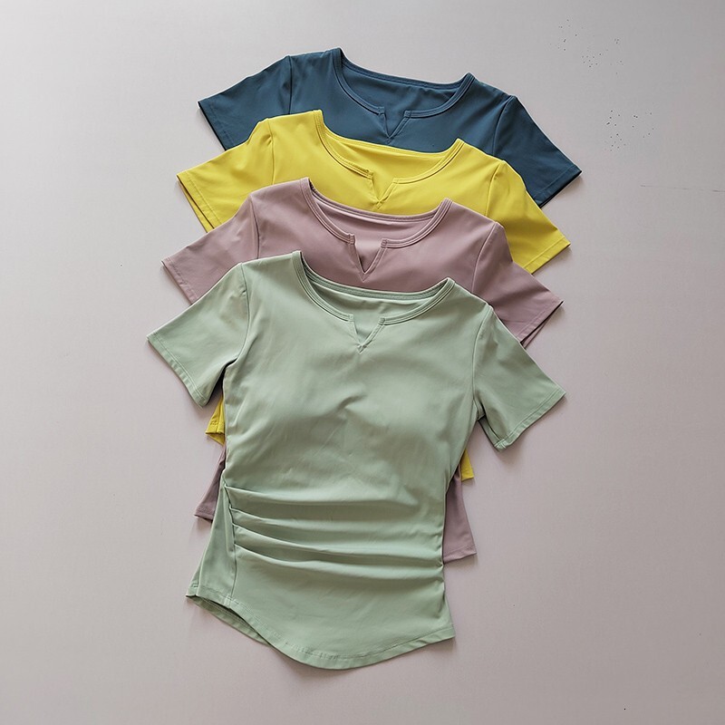 Women's Sports Shirts Yoga Short-Sleeved T-Shirt Padded Tight Training Breathable Quick-Dry Running T-Shirt Fiess Top