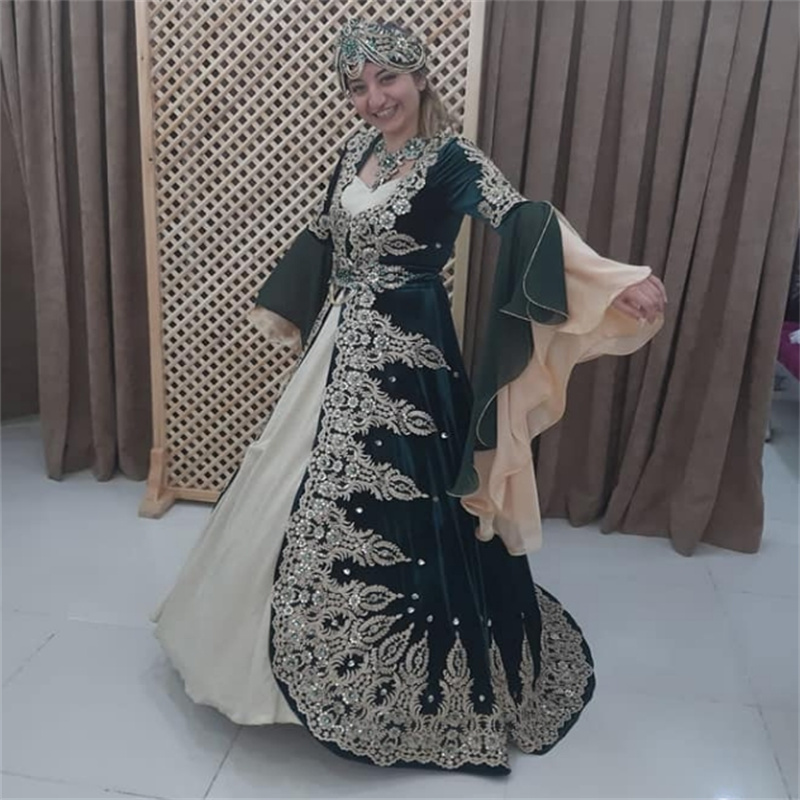 Traditional Green Moroccan Caftan Evening Dress Islamic Turkish Prom Dress Formal Long Sleeve Arabic Dubai Birthday Party Gown Special Occasion Maroca