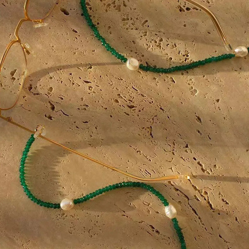 Bohemian Trendy High Quality Green Natural Stone Hanging Neck Glasses Chain Handmade Natural Pearl Embellishment Masking Chain 241226