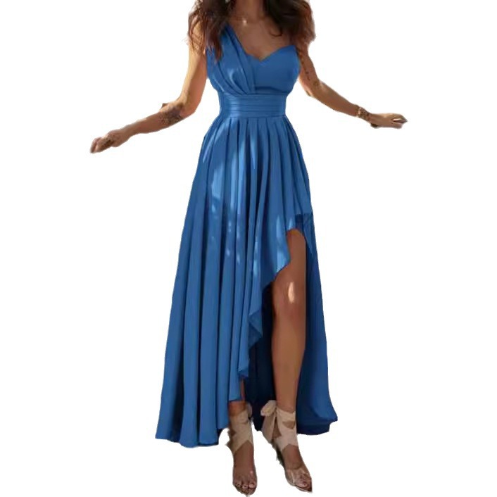 Casual Dresses Women Sexy V-neck Sling Long Dress Elegant Crossover Tie-up Split Beach Summer Sleeveless Waist Solid Party