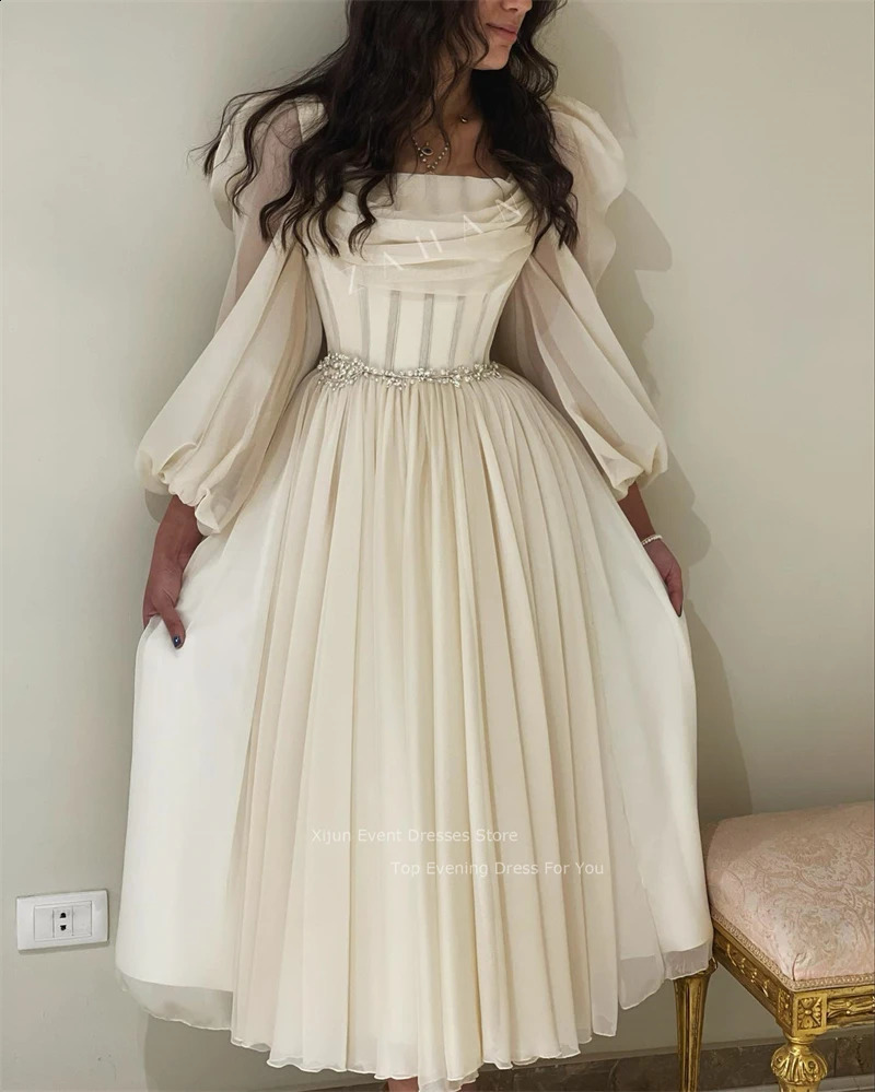 Xijun Chiffon Long Sleeves Prom Dresses Pleats Crystal Beaded Prom Gowns Formal Party Elegant Gowns Dubai Evening Dress Women 241223