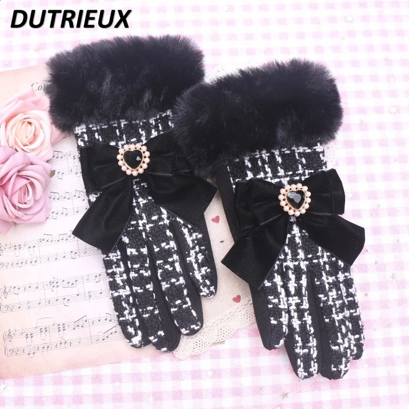 Sweet Lady Elegant Sweet Cute Velvet Bow Decoration Girls Finger Gloves Female Autumn Winter Womens Accessories 241226