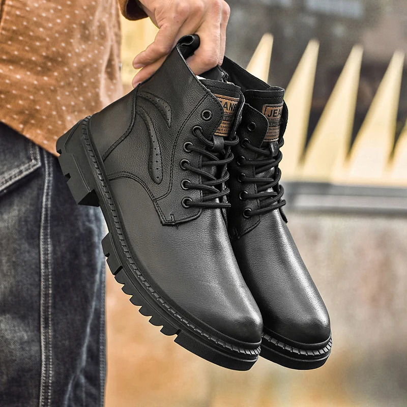 Genuine Leather Winter Boots Men High Top Shoes NonSlip Casual Sneaker Warm Plush Fur Man Motorcycle Versatile Snow Botas 241225