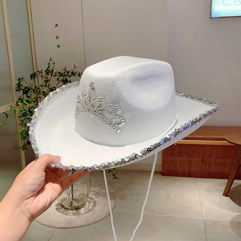 KAMMPT Wide Brim Pink Cowboy Hat Cowboy Girls Party Carnival Western Hat Fashion Shining Crown Glitter Feather Cs W241225