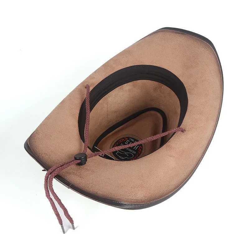 High quality Western cowboy hat mens fashion 2024 cool retro outdoor artificial leather cowboy hat wind rope Cs W241225