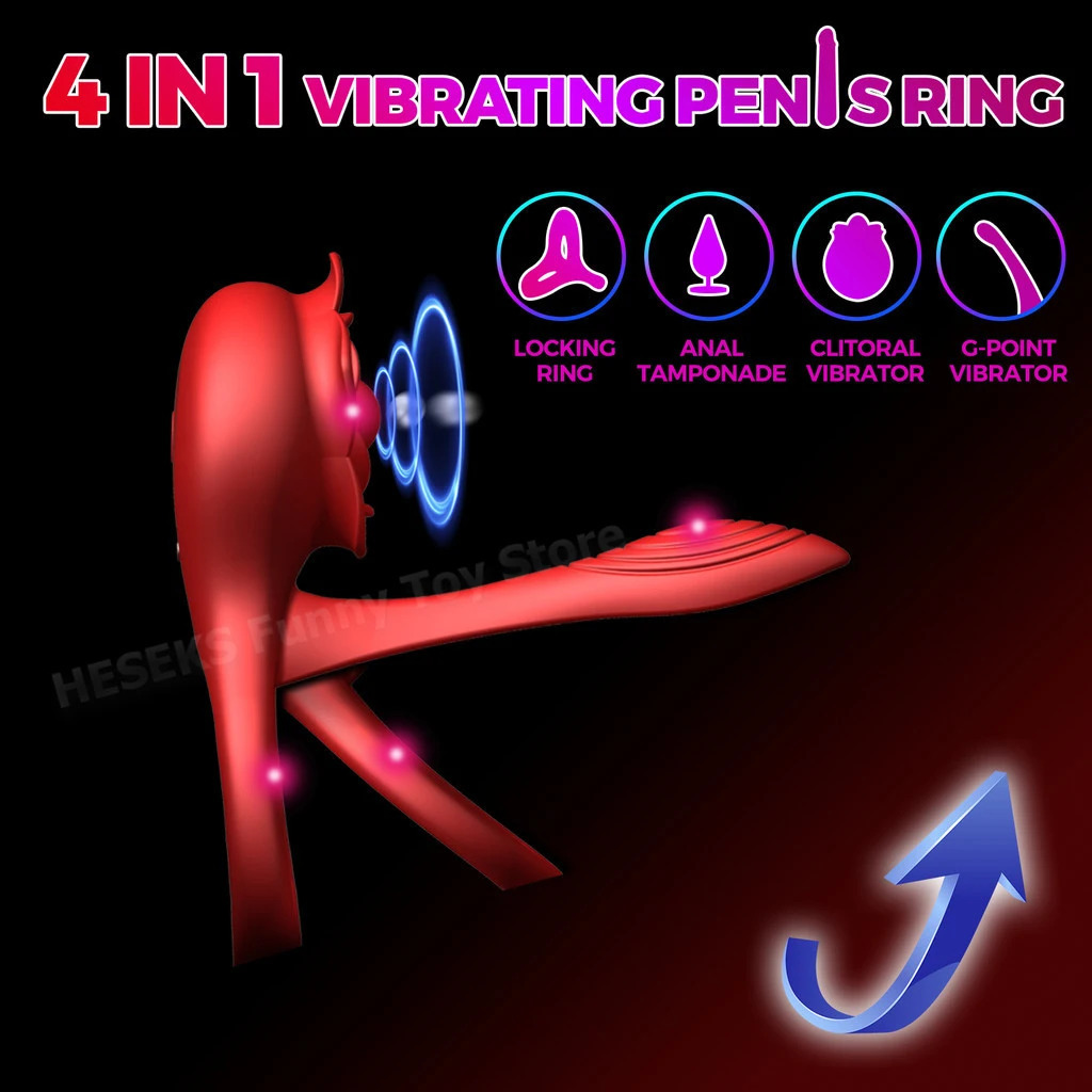 HESEKS 4 in 1 Vibrating Penis Ring Vibrator Cock Delayed Ejaculation Clitoral Stimulator Rose Sex Toy for Men Couple 241226