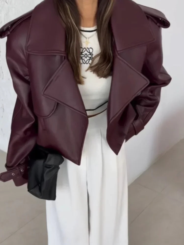Womens Red Pu Leather Burgundy Solid Lapel Cropped Jacket Female Pockets Long Sleeves Short Coat Lady Autumn Streetwear 241225
