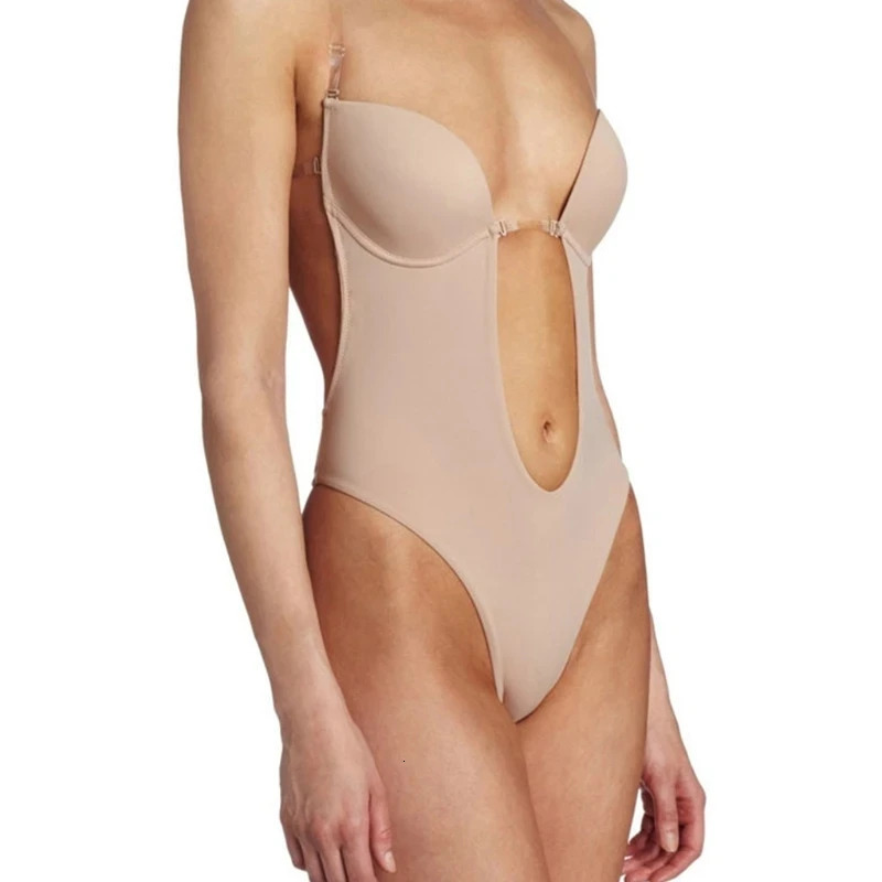 Invisible Shaper Bra Bodysuit Corset Backless Deep V-Neck U Plunge Thong Waist Trainer Clear Strap Padded Push Up Shapewear 241225