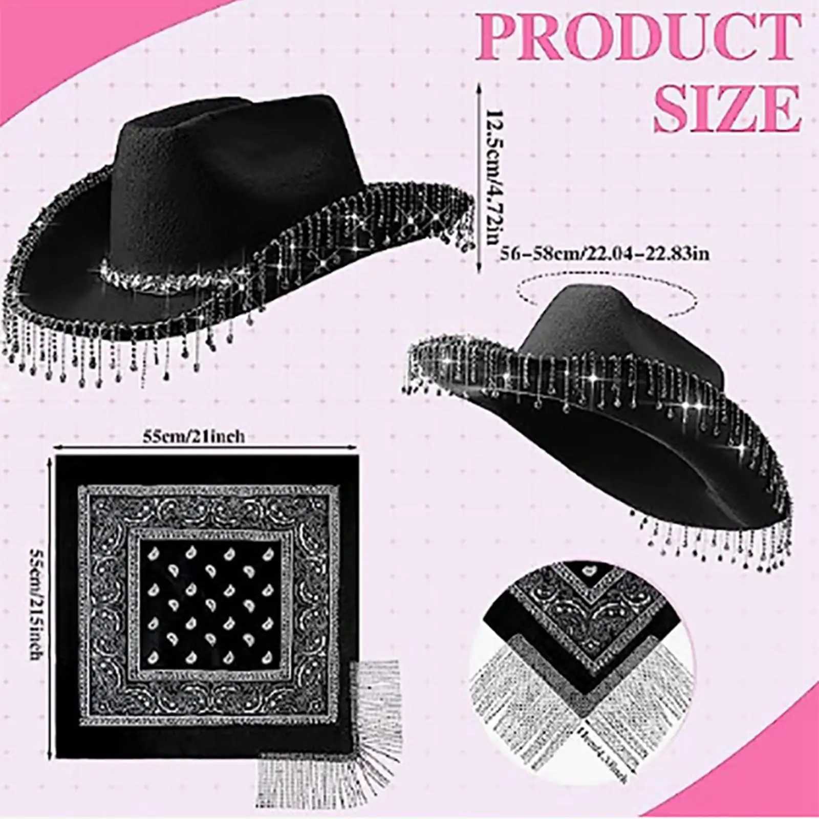 Felt denim hat with shimmering rhinestone edge denim hat strap with edge Bandana shimmering Tassel Halloween cosplay costume props W241225