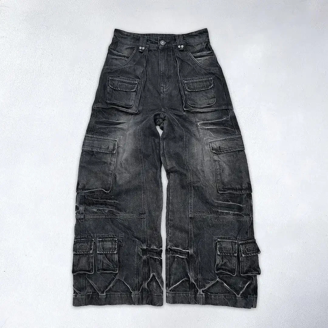 Fashion Vintage Multi-Pocket Splicing Cargo Pants American Trend Harajuku Mens Jeans Y2K Gothic Hip-Hop Wide Leg Pants 241218