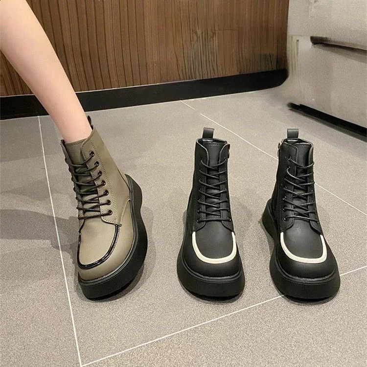 Trend for Spring and Autumn Round-toed Boots High Quality Thick-bottomed British Style Flat Ankle Boots for Women 241226