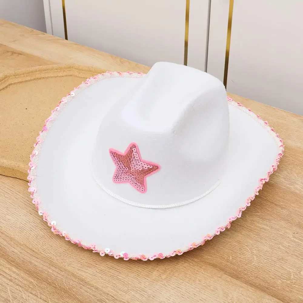 Pink celebrity white denim hat with sequins decoration edge denim girl hat adjustable denim neck Dr string costume party Dr Up W241225