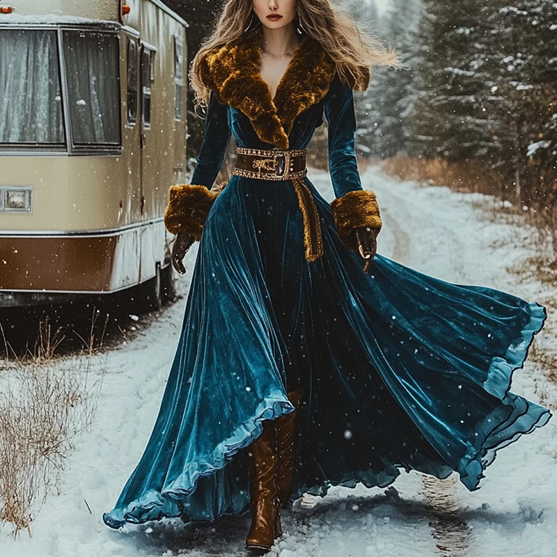 Winter Retro Ethnic High Waist Thickness Warm Dress Elegant Fur Collar Gold Velvet Party Dress Casual Pattern Printed Boho Dress 241224