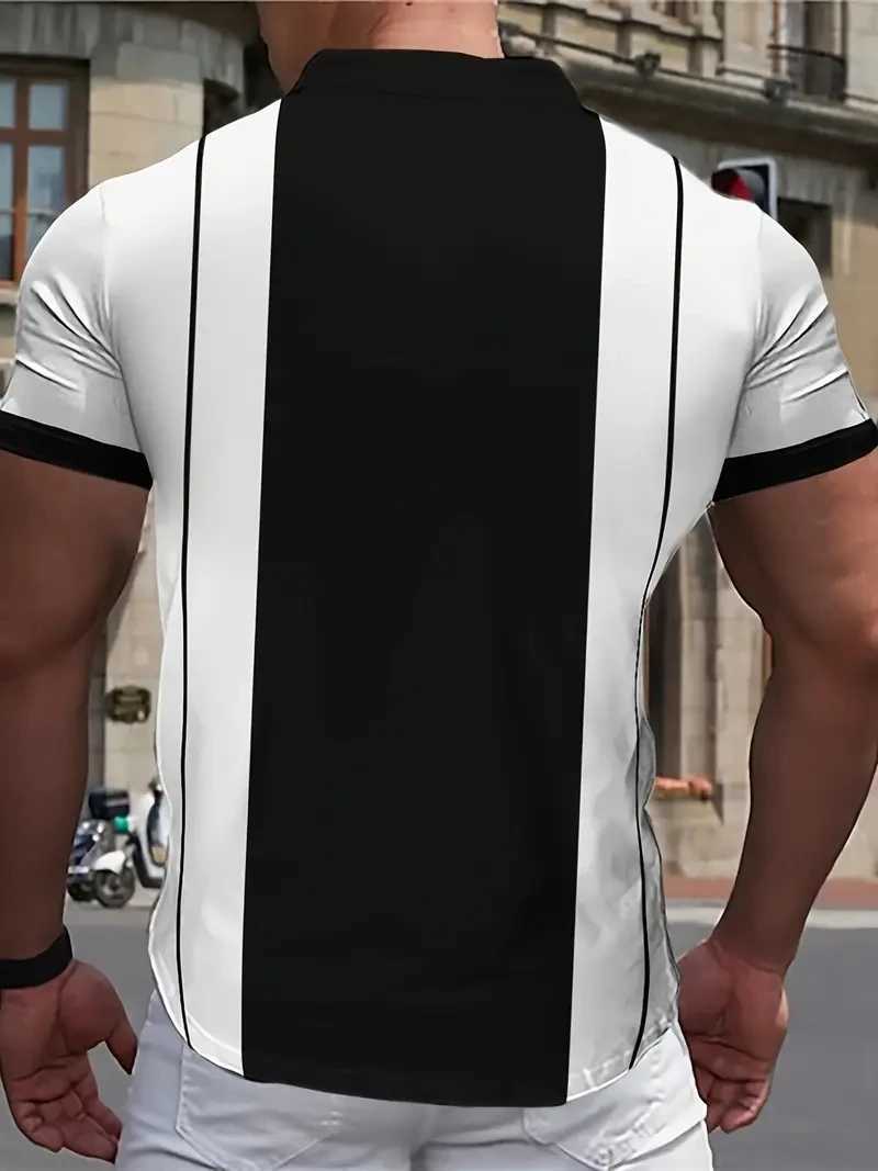 Mens zipper polo shirt with black and white stripes 3D printed retro mens short sleeved plus size street summer polo shirt W241226