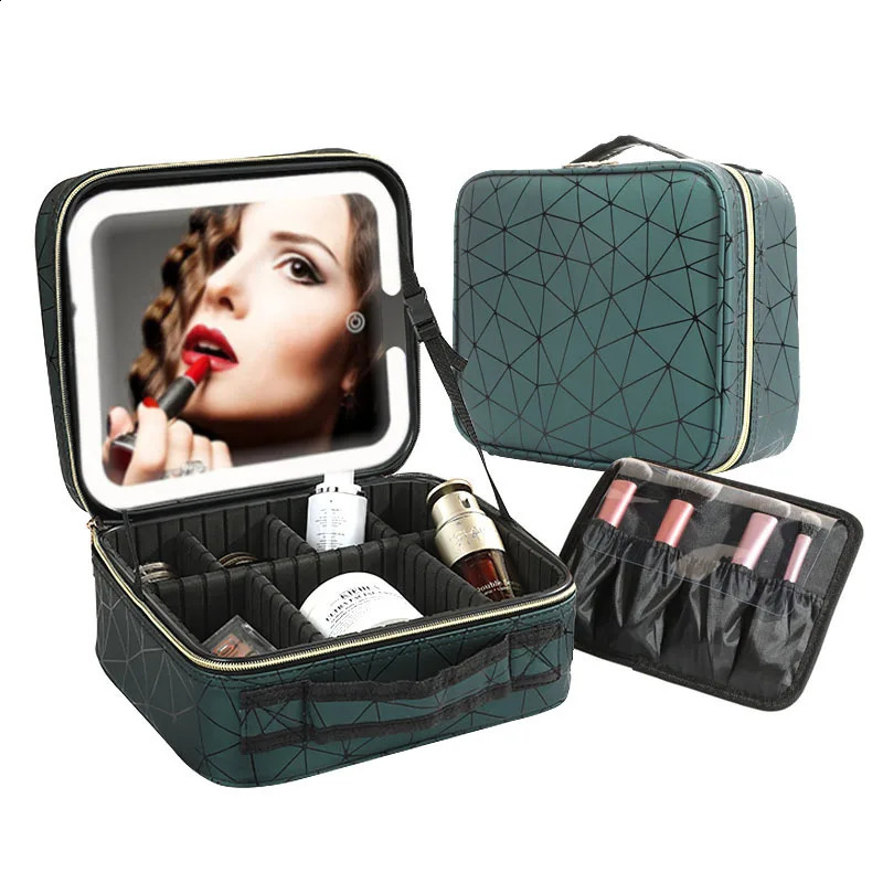 Travel Makeup Bag With Mirror LED Lighted Adjustable Dividers Cosmetic Case Portable Artist Beauty Nail Tool Makeup Case Female 241226