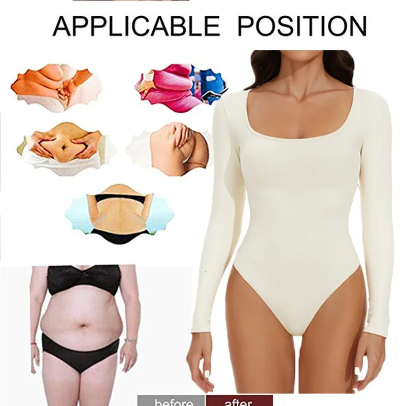 GUUDIA Spandex Elastic Body Suit Shapewear Women Body Shaper Tummy Control Long Sleeve Open Crotch Big U Neck Seamless Shapers 241225
