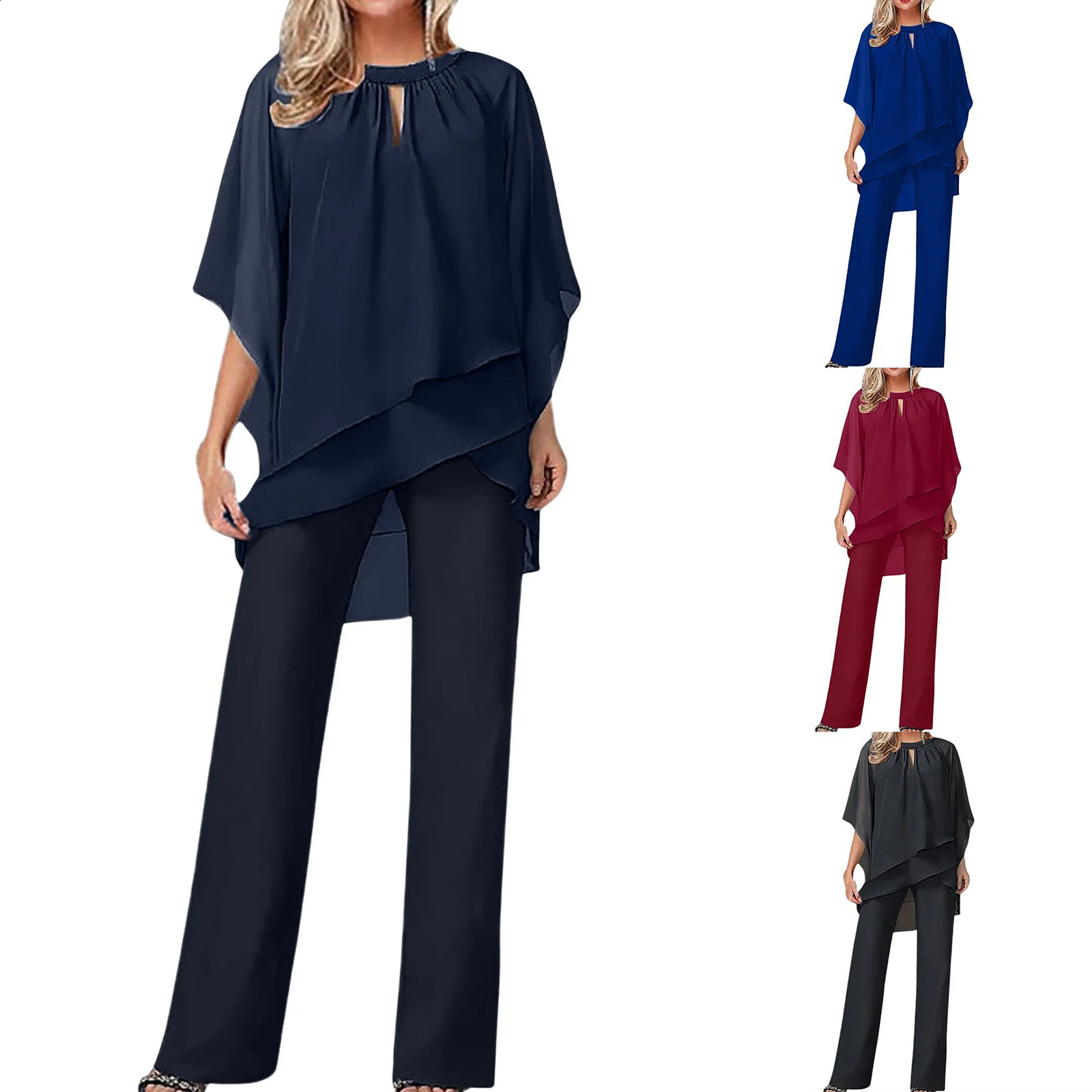 Women Batwing Sleeve Top Pants Suit Solid Color Pullover Top Trouser Jumpsuits Loose Fit Wedding Evening Outfits 241224