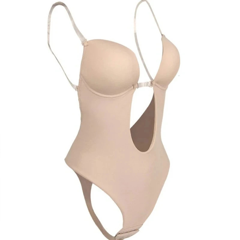 Invisible Shaper Bra Bodysuit Corset Backless Deep V-Neck U Plunge Thong Waist Trainer Clear Strap Padded Push Up Shapewear 241225