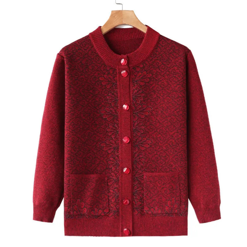 Winter Middle Aged Elderly Womens Clothing Grandma Cardigan Sweater Mother Plus Velvet Warm Knitted Coat Long Sleeve Top 241225