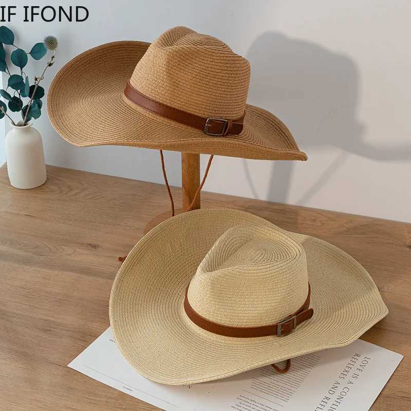 New Design Natural Per Western Cowboy Hat 13CM Wide Brim Womens Summer Beach Hat Panama Cowboy Girl Jazz Sun Hat W241225