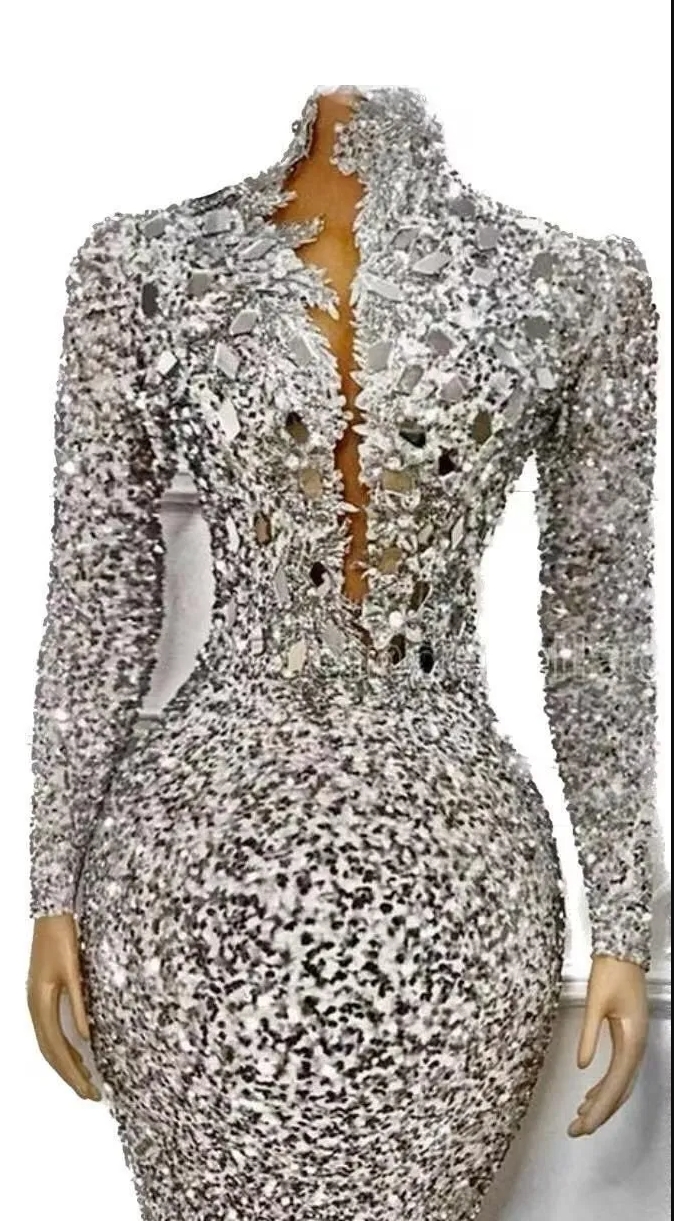 Sequins African Evening Dresses Long Sleeves Mermaid Women Formal Party Dress Sparkly Beaded High Neck Prom Gowns BC