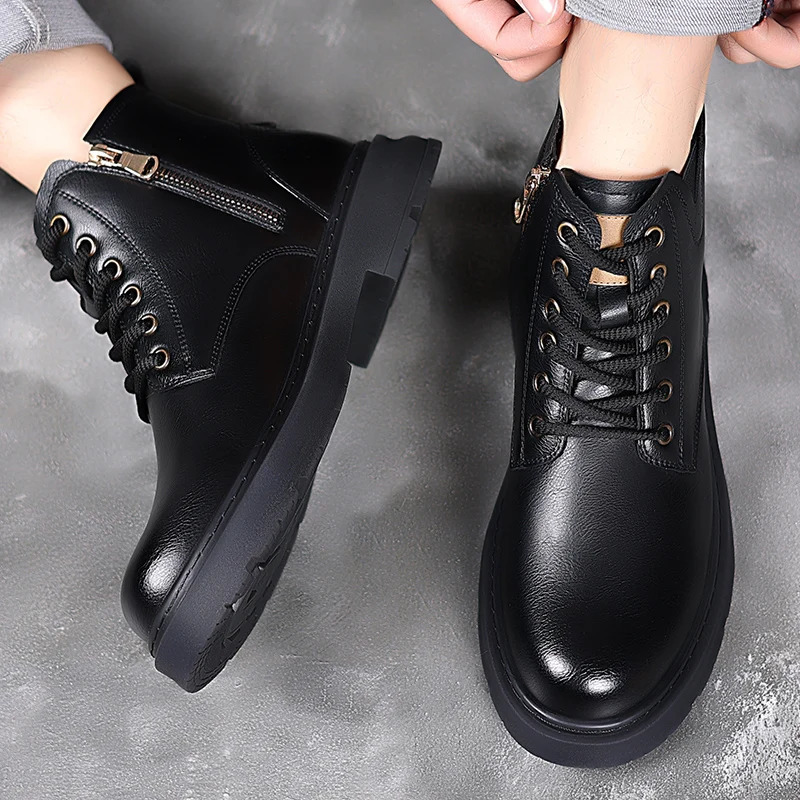 Italian Mens Boots High Top Outdoor Plush y Business Casual Leather Ankle Men Platform Round Toe Boot 241225