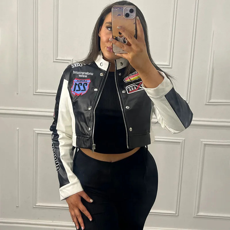 Printed Baseball Jackets Women Crop Varsity Coats Y2K Streetwear Cyber Racer Patchwork Winter Fall Clothing 241218