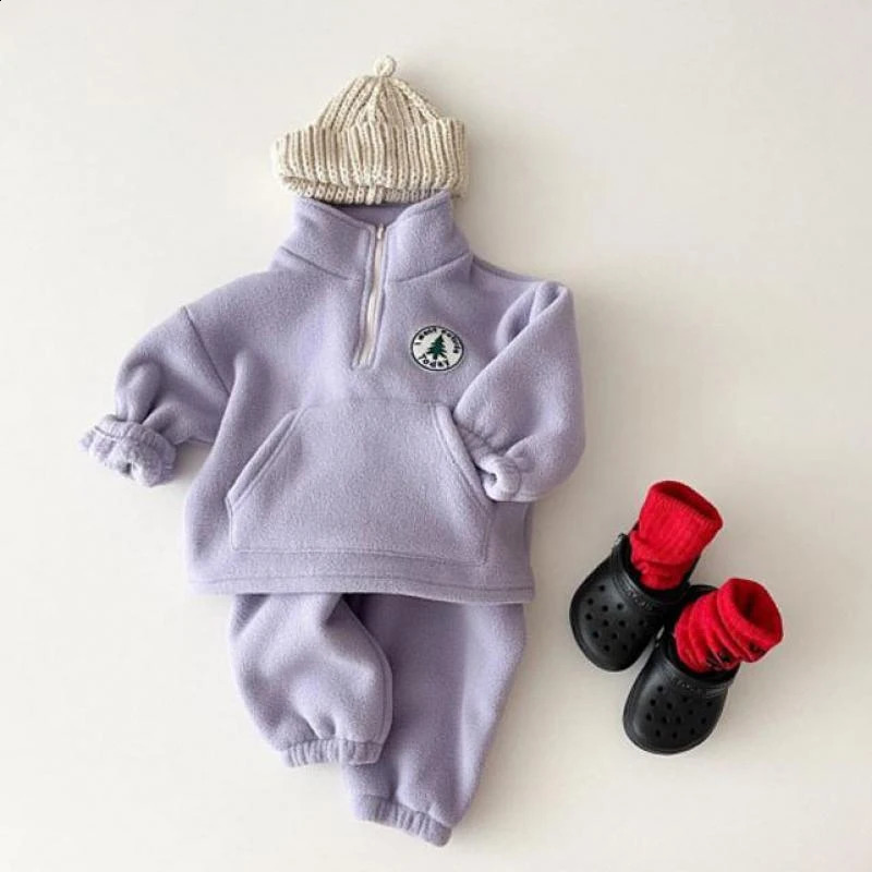 Autumn Baby Boys Clothing Sets Children Thicken Plush Clothes Girls Solid Cotton High Collar Tops Pant 2 Pieces Suits 241225