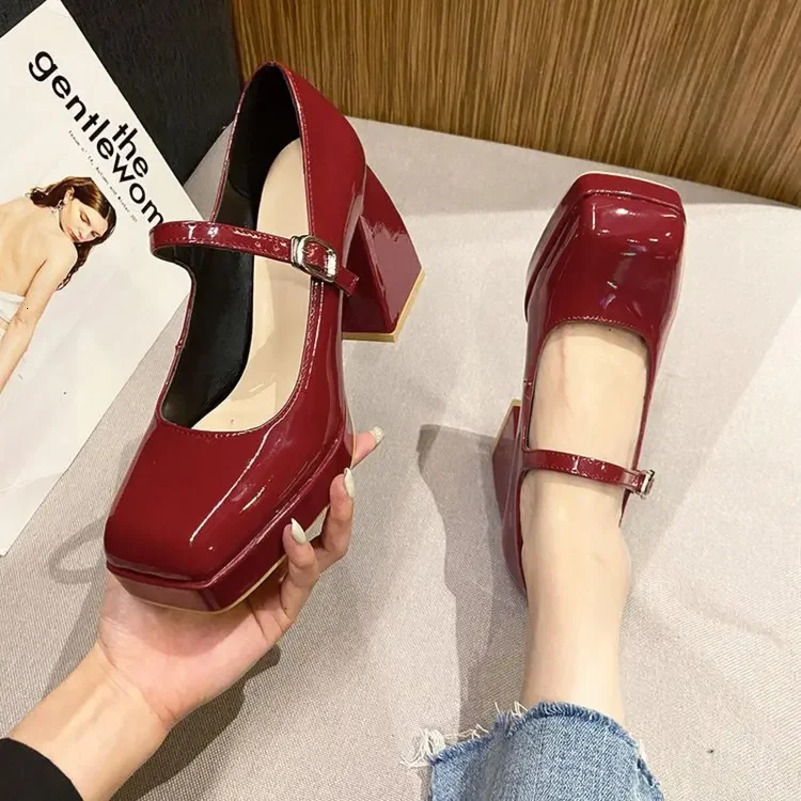 Platform Pumps Womens Square Toe Thick Heels Mary Janes Womens Patent High Heels Party Shoes Square Toe Square 241225