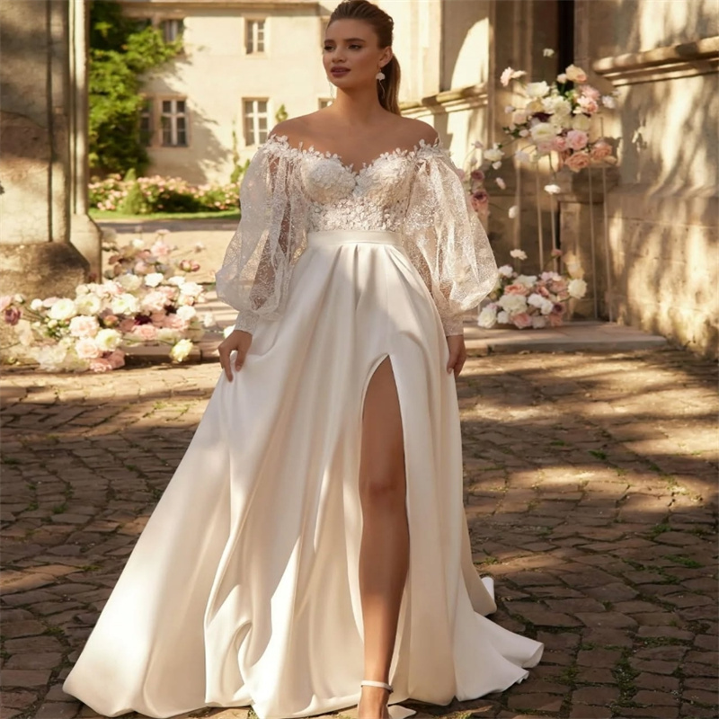 Fairy Gatsby Wedding Dresses With Slit Puff Sleeves A Line Tulle Country Bride Dress Elegant Robe De Mariee Boho Vestidos De Novia 2025 Bohemian