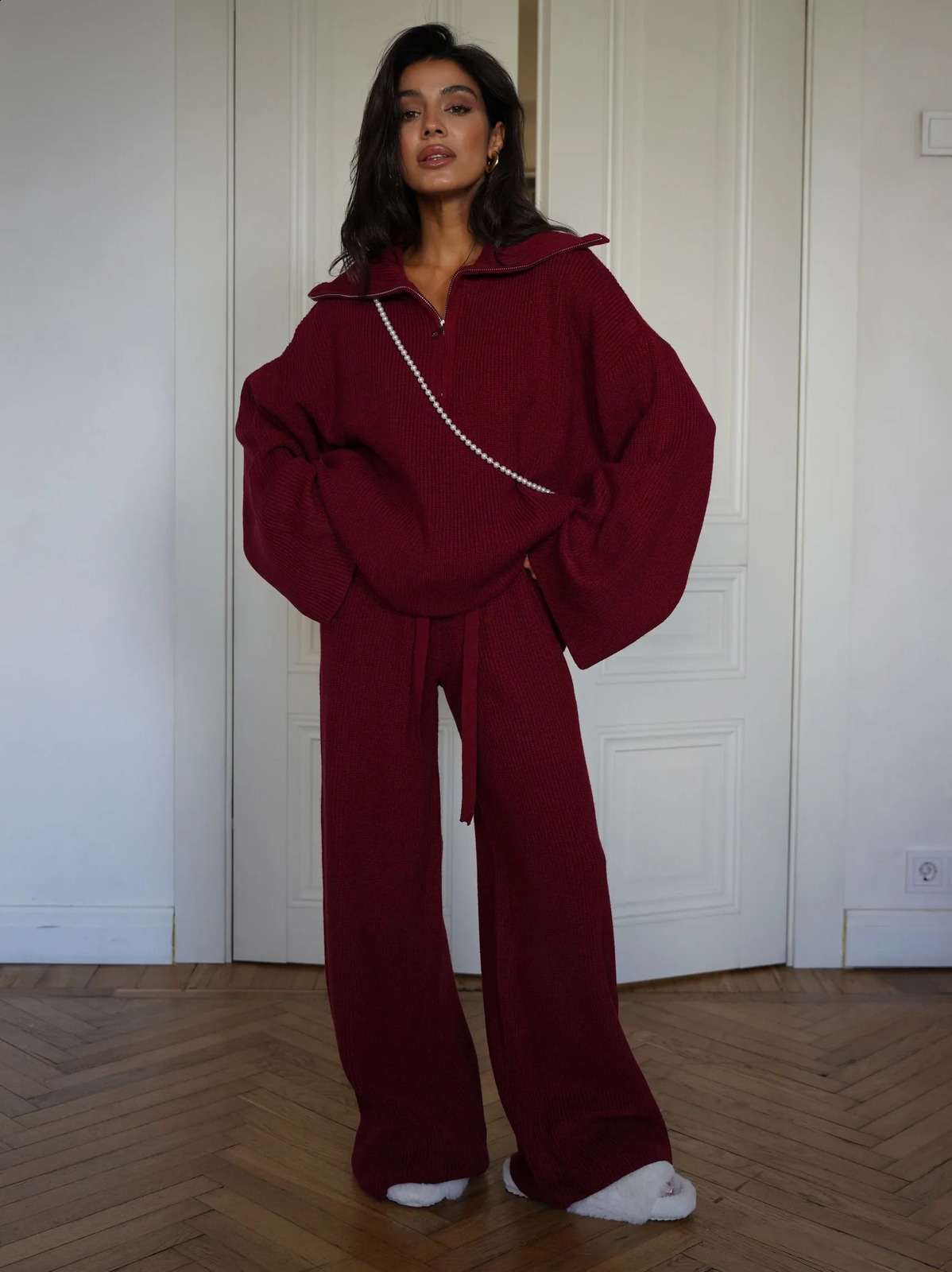 Woolen Suit Solid Color Half Zip Top Two Piece Set Of Elastic Waisted Pants Fashionable Autumn And Winter Womens Clothing 241224