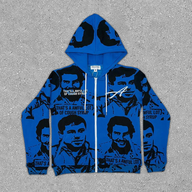 Goth Graphic Portrait Print Y2K Zip Up Hoodies Mens Hip Hop Fashion Hoody Autumn Street Clothing Oversized Sweatshirt ropa hombre 241226