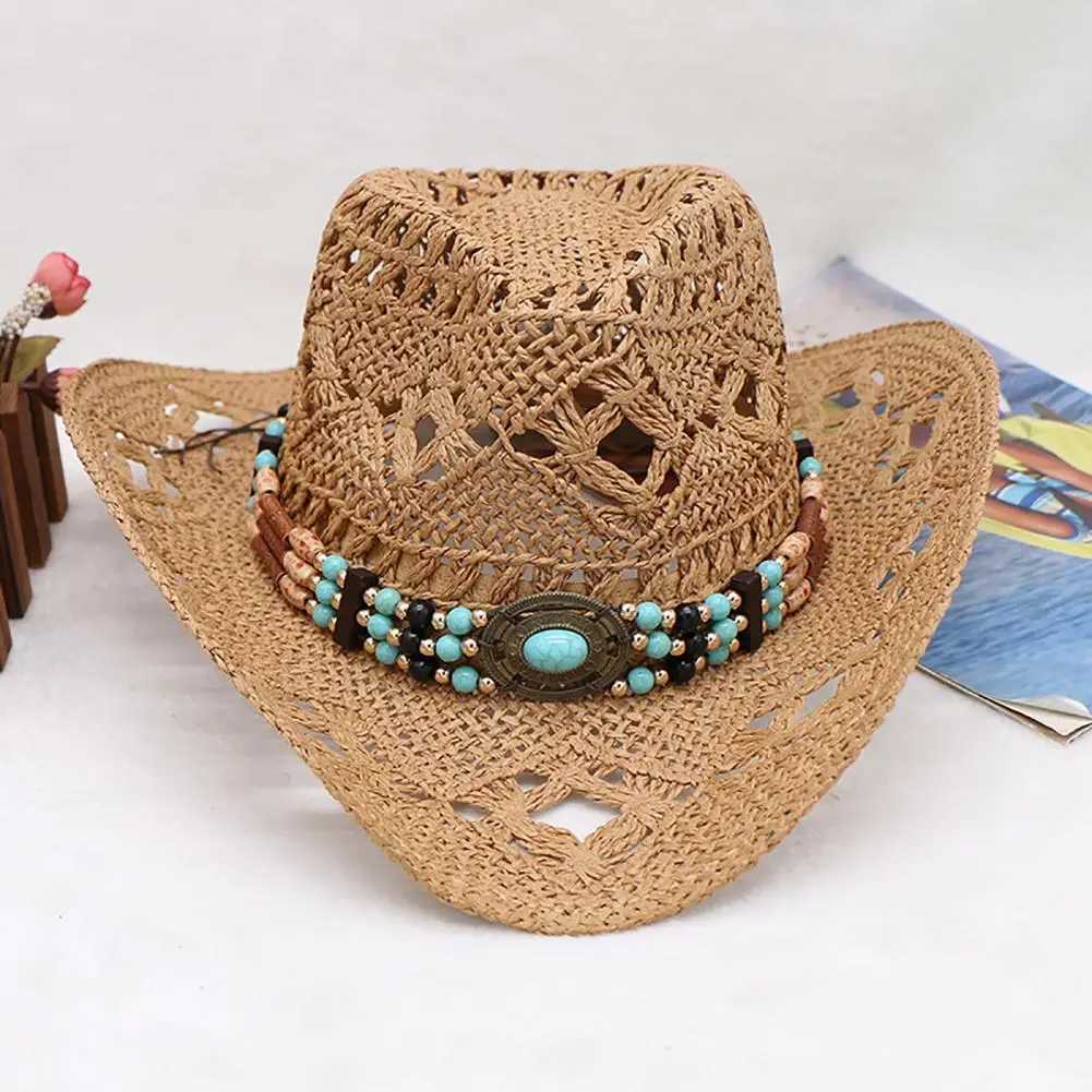 Per Rope Woven Sun Hat unisex Str Beads cowboy hat retro western cowboy hat mens gentleman hat La Jazz cowboy hat W241225