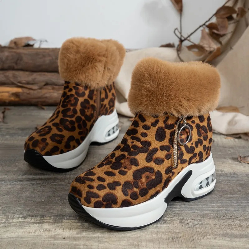 Winter Thick Cotton Boots Womens Fashion Round Head Leopard Print Side Zipper Anti-landslide Heel Boots 241226