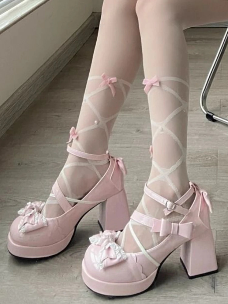 Cute Girl Lolita High Heels Shoes Women Sweet Waterproof Platform High Heels Female Bow Japanese Style Holiday Single Shoes Lady 241225