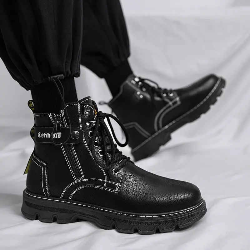 Man Shoes Waterproof High Cut Boots for Men Spring Autumn Lace Up Leather Black Classic Low Price Offer Fashion Sale Casual 241226