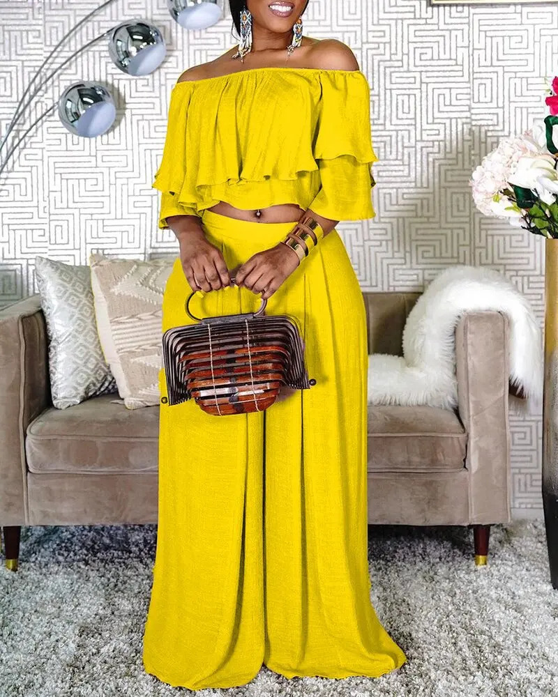 Slash Neck Women Pure Color Two Piece Sets Plus Size Cascading Ruffles Tops Elastic Waist Wideleg Pants Casual Outfits Autumn 241220