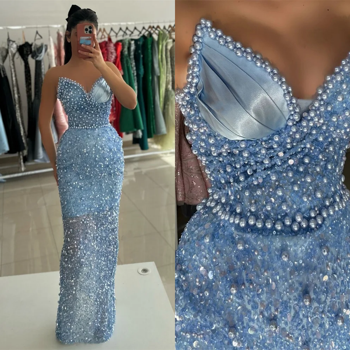Dresses Evening For Women Sweetheart Neck Sleeveless Strapless Gown Pearl Beaded Sequins Customized Dress Party 0220