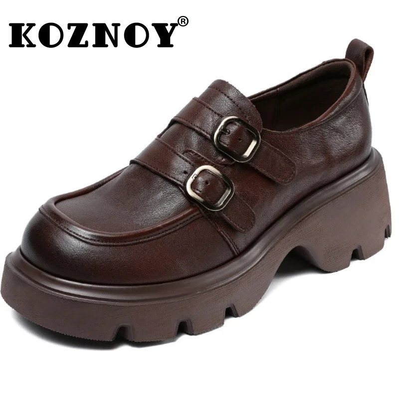 Koznoy 6cm Cow Genuine Leather Comfy Flats Women Mary Jane Loafers Ankle Boots Booties Autumn Spring Platform Wedge Shoes 241225