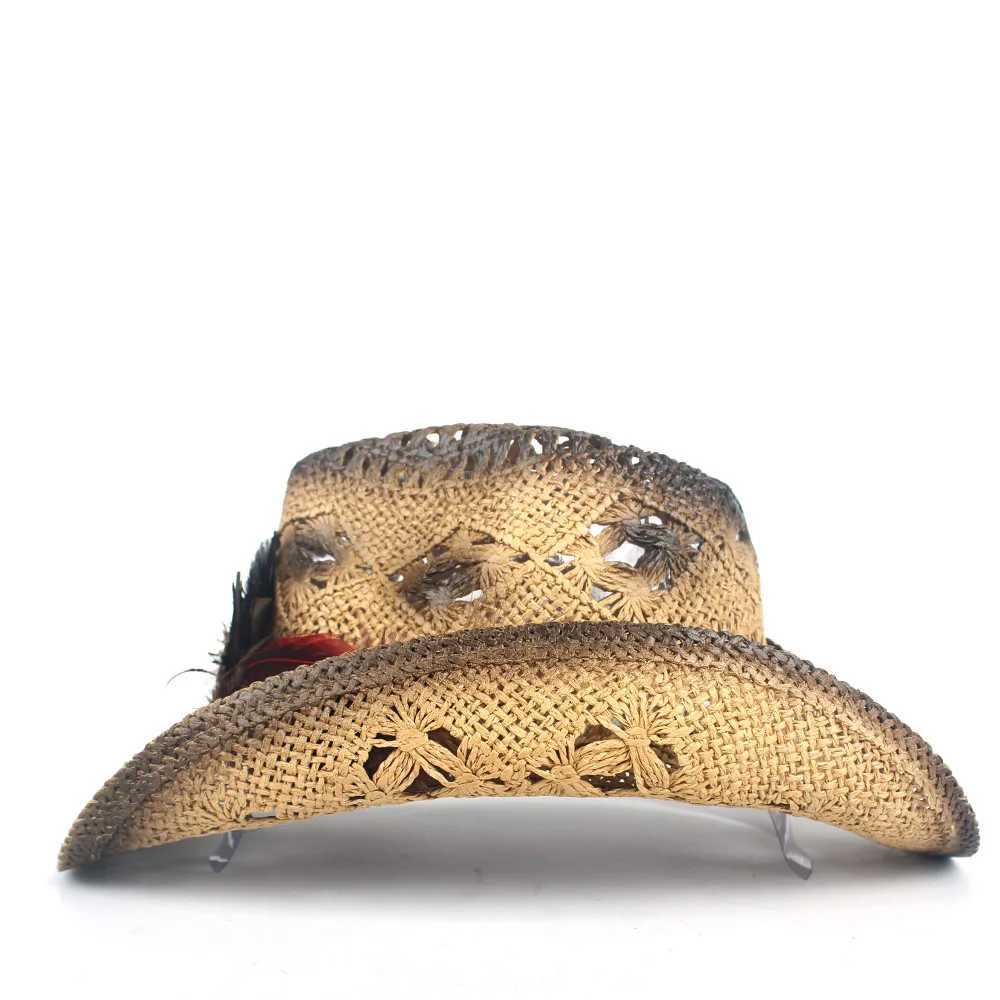 Womens Str Hollow Western Cowboy Hat La Handmade Peacock Feather Straw Hat Hombre Beach Cowboy Girl Jazz Sun Hat Size 56-58CM W241225