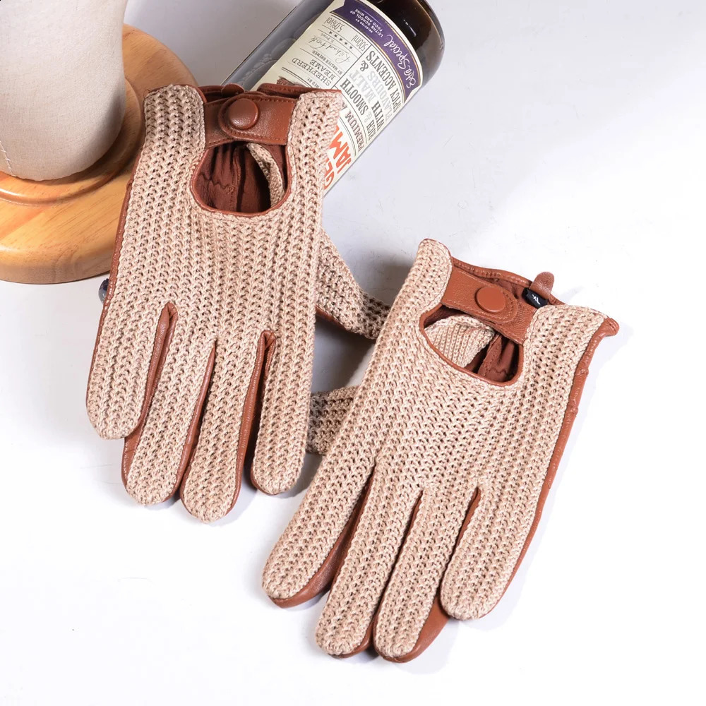 Mens Classic Real Leather Retro Unlined Driving Knitted Sports Riding Equestrianism Touch Screen Short Gloves 241226