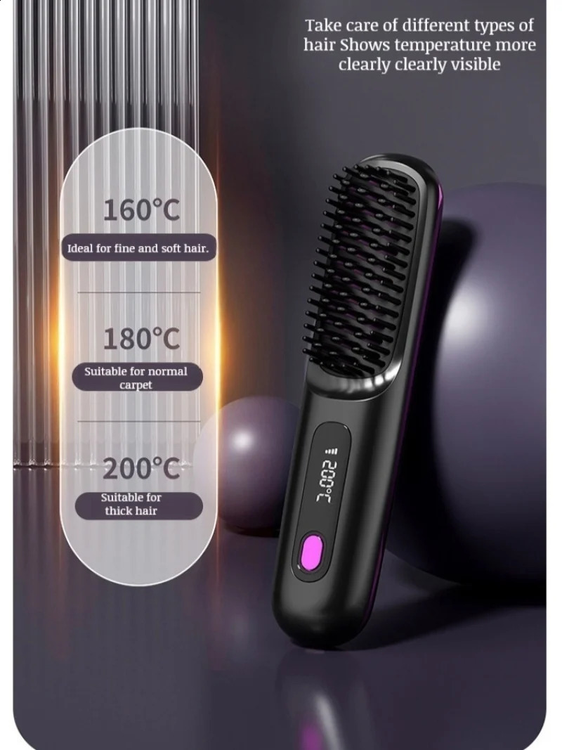 Home Wireless Negative Ion Ceramic Heated Straight Hair Comb USB Charging LCD Display Portable Straight Hair Comb 241225