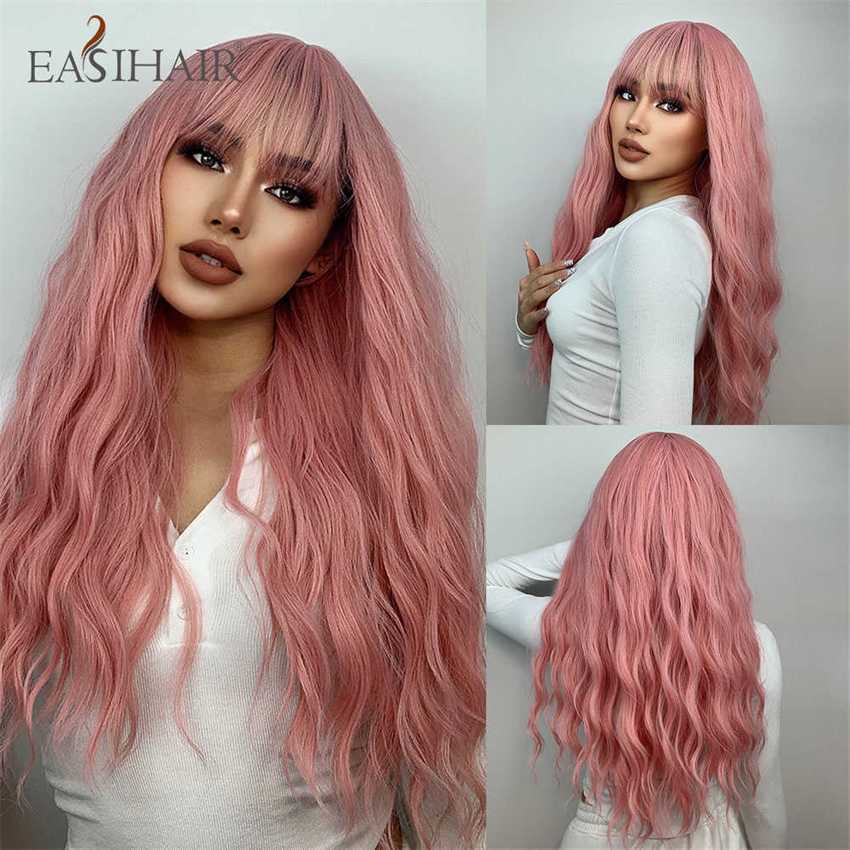 Synthetic Wigs Easihair Long Water Wave Dark Brown Synthetic Wigs for Women Cosplay with Bangs Heat Resistant Pink Black Hair Natural 230227 Hair Wigs