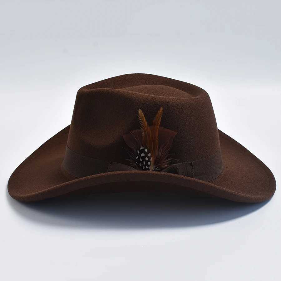 Mens Wool Blended Feather Hat Curled Brim Mens Cowboy Hat W241225