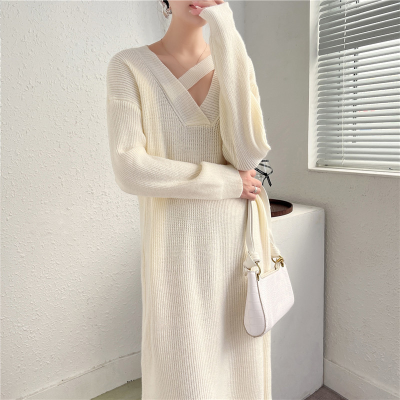 G699514 Large size knitted dress 2024 autumn and winter new loose solid color mid-length over-the-knee sweater for women