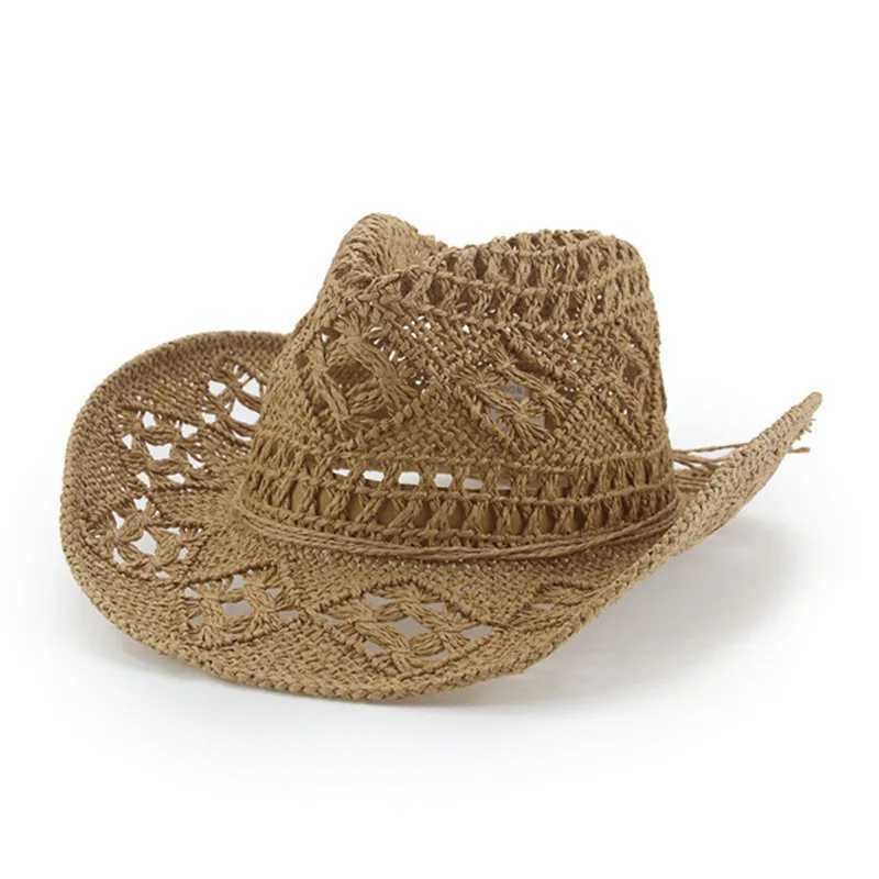Spring and Summer Handmade Knitted Rolling Brim Cowboy Hat Western Beach Sun Hat Party C Hollow Ethnic Style Jazz Hat W241225