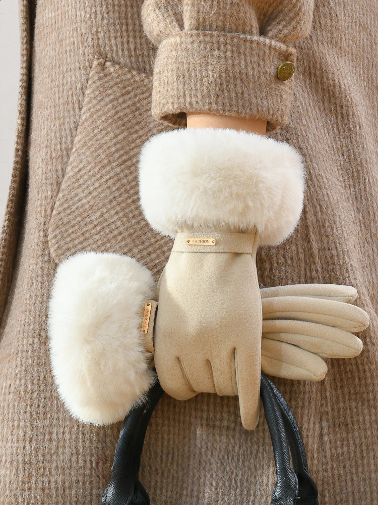 German velvet gloves for womens autumn and winter beige thickened warm windproof and cold-proof touchscreen gloves 241226